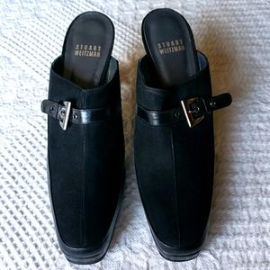 Stuart Weitzman Black Suede and Leather HH Clogs